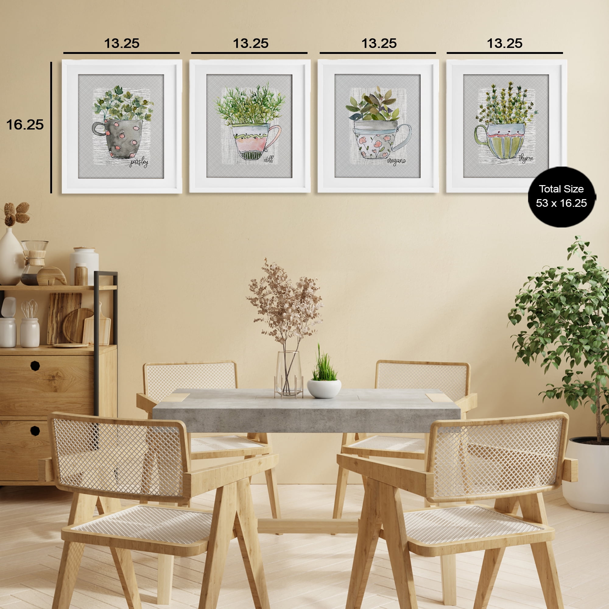 Stupell Industries Kitchen Herbs in Mugs 4 Piece White Framed Print Under Glass Set, design by Livi Finn
