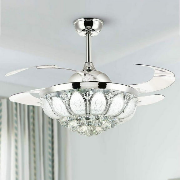 42" Invisible Ceiling Fan with Light Retractable Dimmable Crystal Chandelier Fan