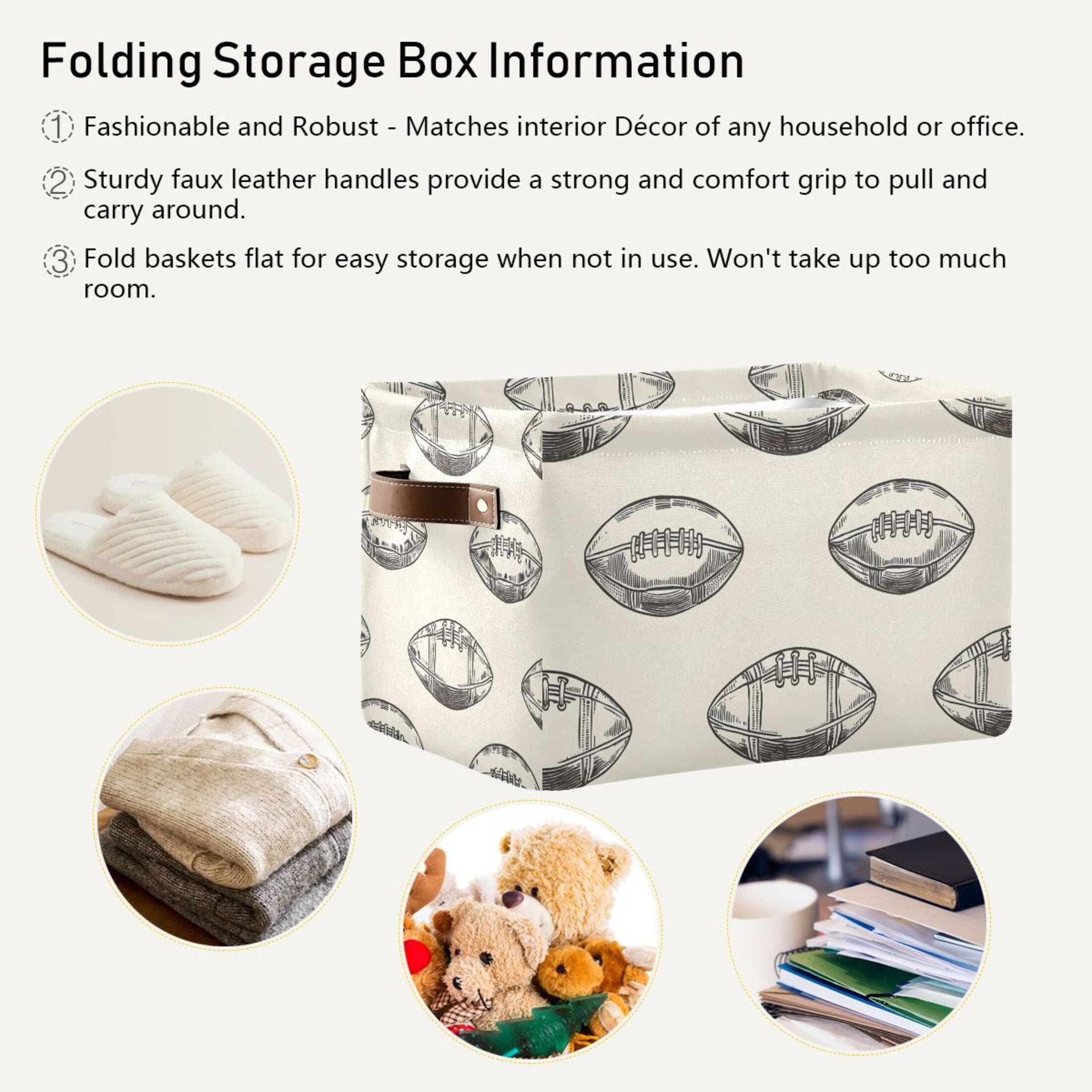 Ryvnso Football Retro Rugby Storage Basket Large Bin Foldable Boxes Toys Organizer 14.2x10.2x8.3in 2 PCs