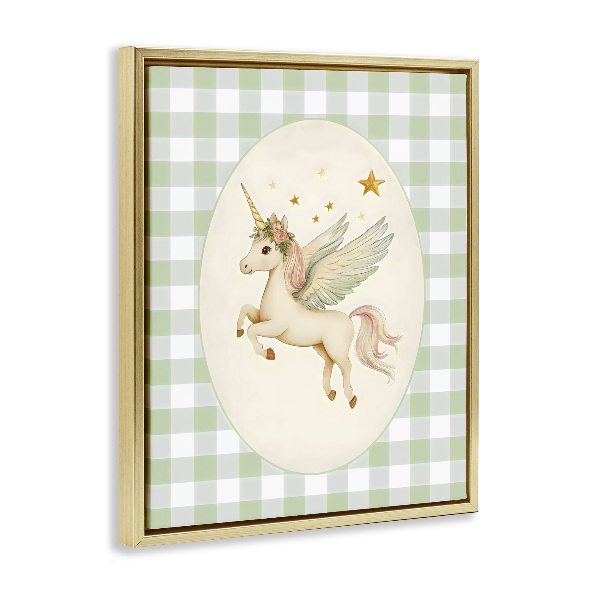 Stupell Industries Winged Unicorn over Green Gingham Gold Framed Floater Canvas Wall Art, design by Arlington Prints