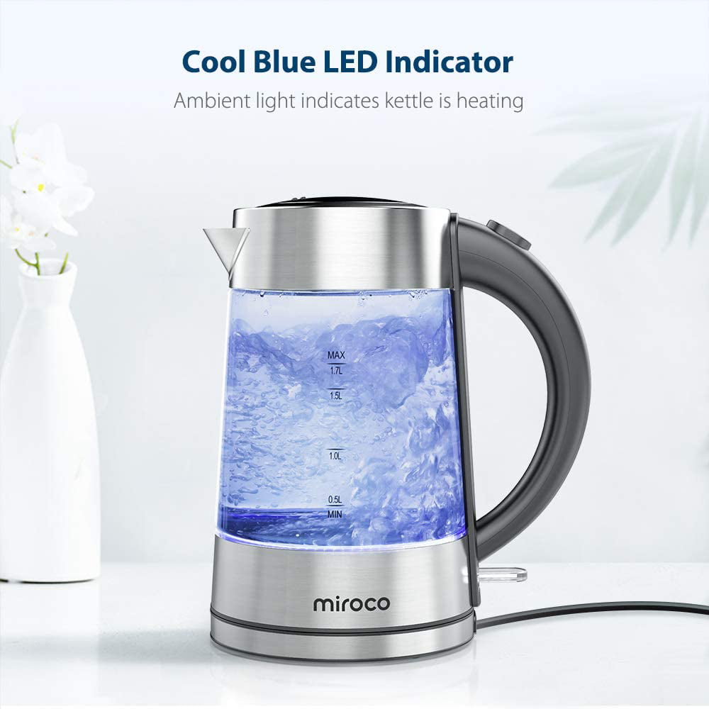Fast Boiling with Auto Shut Off Hot Water Kettle with LED Indicator Light Stainless Steel Finish Miroco 1.7 Liter Cordless Glass Kettle Electric Tea Kettle BPA-Free Boil-Dry Protection Electric Kettle 