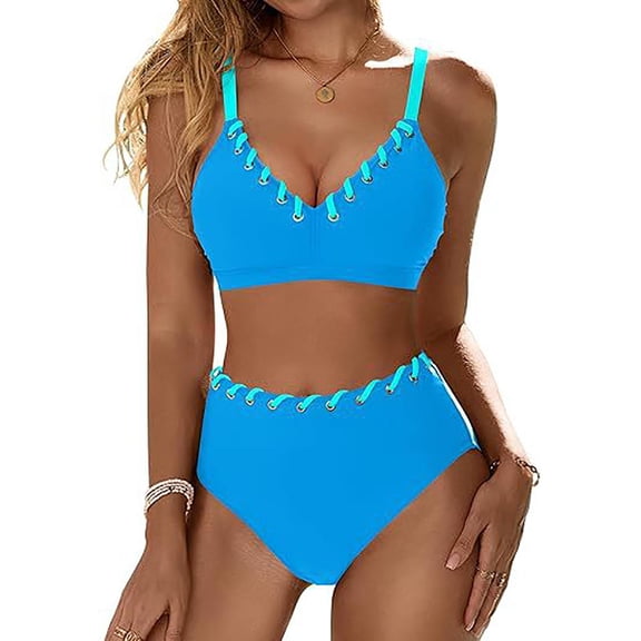 Dezsed Women's High Waisted Bikini Sets Two Piece Swimsuit Tummy Control Bathing Suit Color Block Swimwear 2025 Swim Suit Blue L