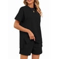 thumbnail image 3 of Women Casual 2 Piece Outfits Sweatsuits Summer Short Sleeve Loungewear Tracksuit Round Neck Lounge Shorts Sets Black XXL, 3 of 10