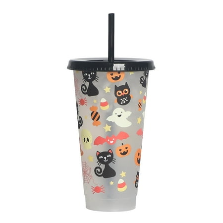 

Halloween Color Changing Cups | 710ml Cartoon Cat Bat Owl Pumpkin Candy Spider Party PP Tumbler | Halloween Tumblers with Lids and Straws Party Supplies for Outdoor Indoor Activities