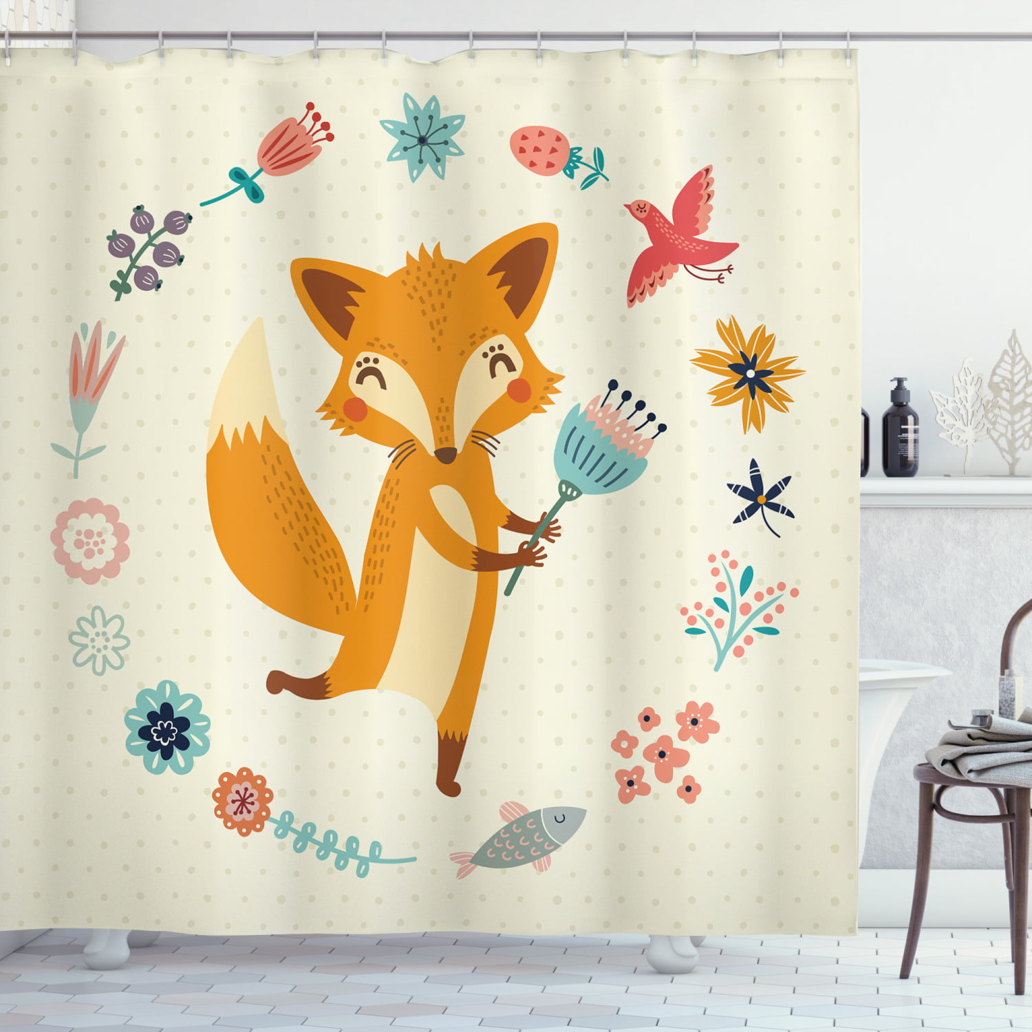 Cartoon Shower Curtain Cute Baby Fox Flowers Print for Bathroom 
