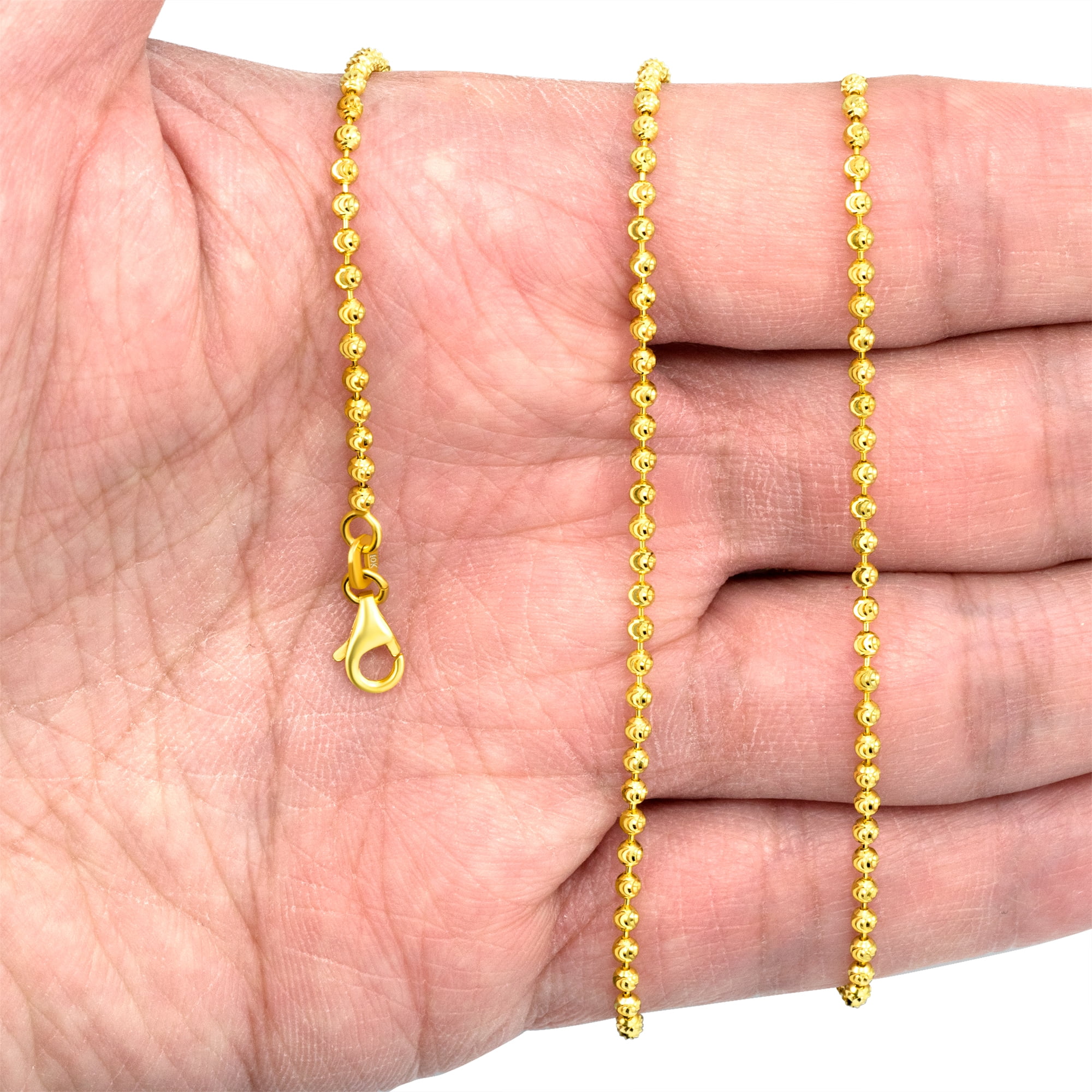 Nuragold 10k Real Yellow Gold Solid Ball 2mm Moon Diamond Cut Bead Dog Tag Necklace (16"-30") Italian Jewelry for Men & Women
