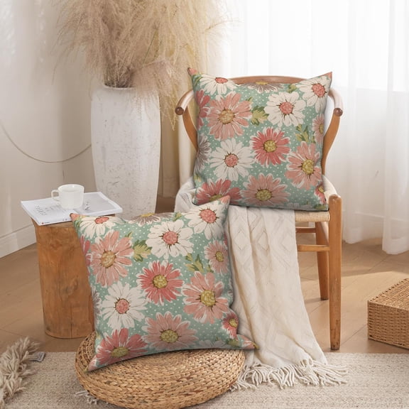 Pink Daisy Pillow Covers Set of 2 Vintage Orange Daisy Flower Throw Pillowcase Country Decor for Couch Home Decor,18"x18"