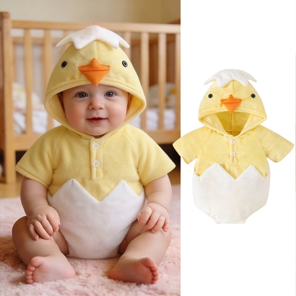 Adorable Animal Hooded Romper,Chick Print Bodysuit,Soft Playwear,Carnival Birthday Style