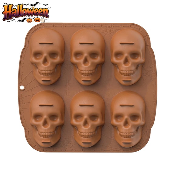 Qocolcyl Coffee Skull Silicone Baking Pan for Halloween Pizza Cake, 6 Cavities 3D Large Molds, Nonstick Skeleton Head for Soap Ice Tray Oven Safe