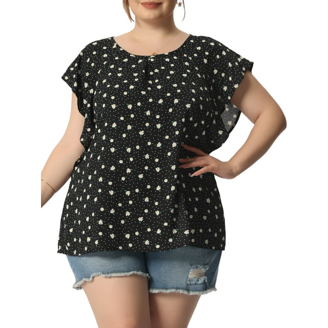 GRACE & GRANDEUR Blouse en Chiffon à Manches Courtes à Volants Col Rond pour Femmes Grande Taille3X Noir Blanc