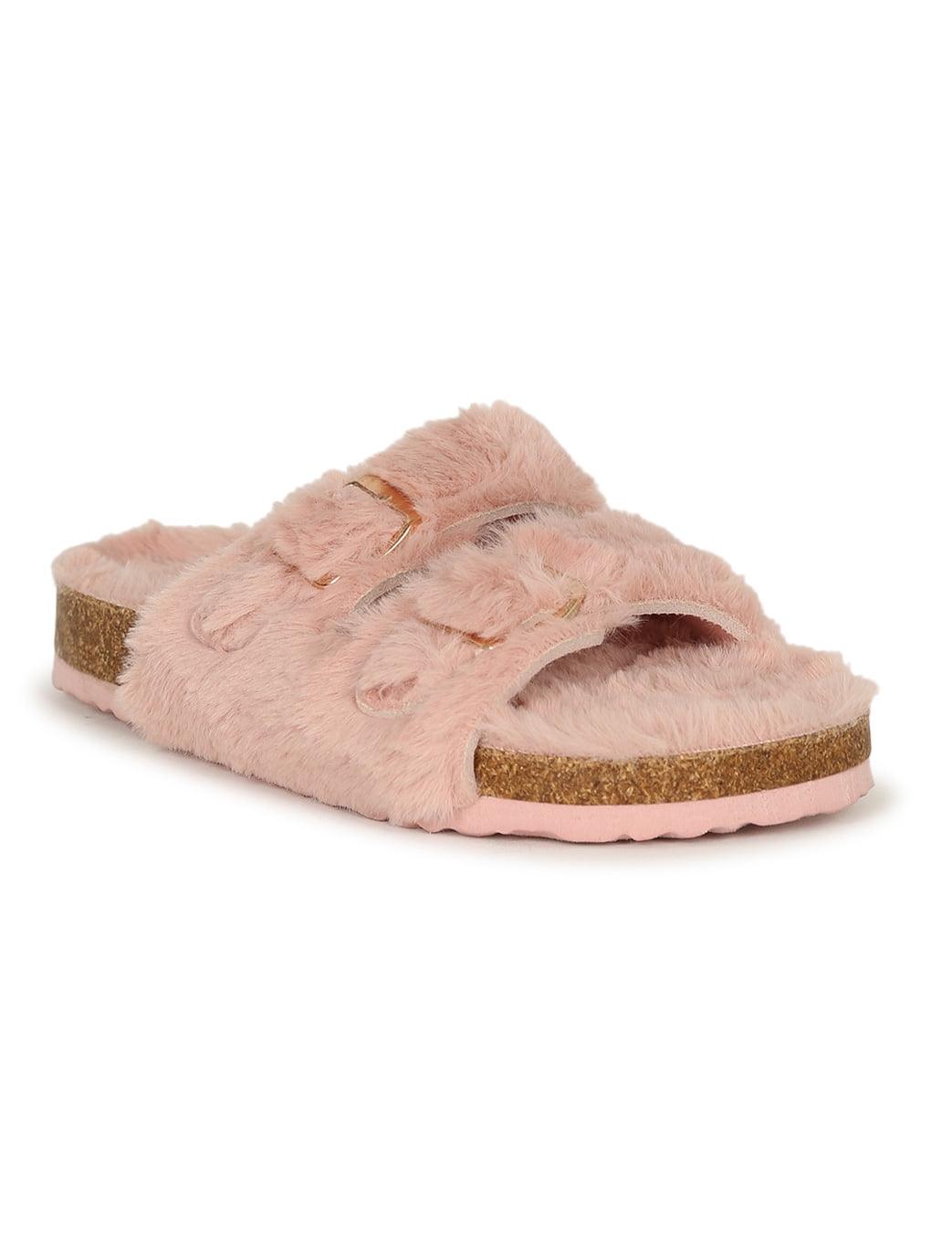 Bamboo Double Buckle Soft Faux Fur Cork Trim Slide Sandal 20329