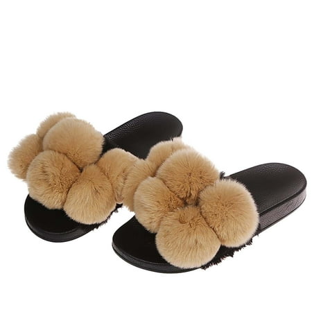 

Inkach Color Hair Ball Plush Slippers Female New Large Size Plush Cotton Slippers