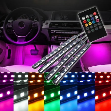 - 4x 12V 9LEDs RGB Car Interior Floor Atmosphere Lights Wireless Voice/IR Control Colorful Car Underdash Lighting Kit With Remote Control Cigarette Lighter