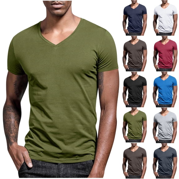 Mens Plus Size T-shirts Casual V-Neck Cool Short Sleeve Solid Color Lightweight Fashionable Workout Shirt Army Green S-5XL