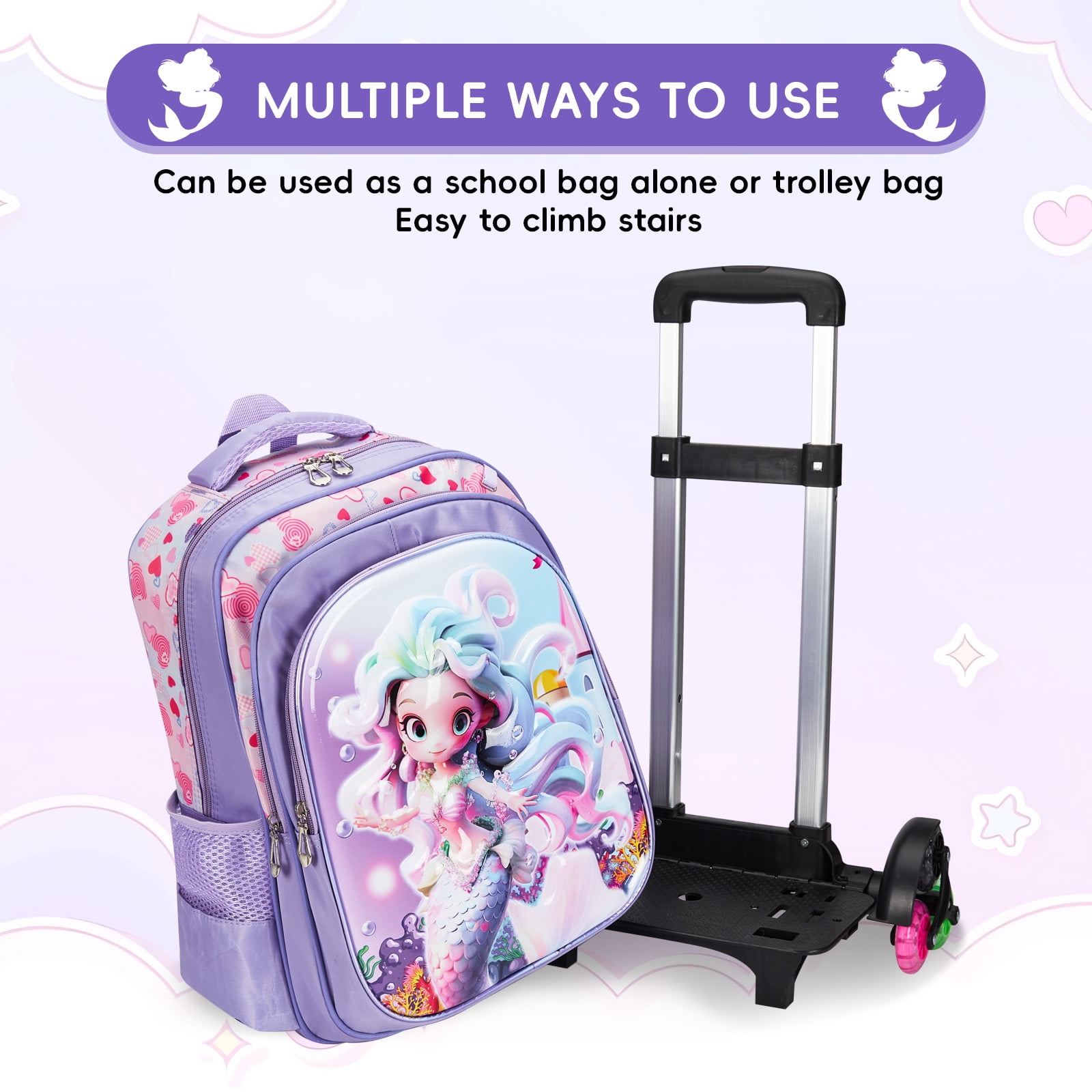IvyH Rolling Backpack 3pcs Wheeled Backpack Lightweight Waterproof Bag Set with Lunch Bag Pen Case,Purple Mermaid