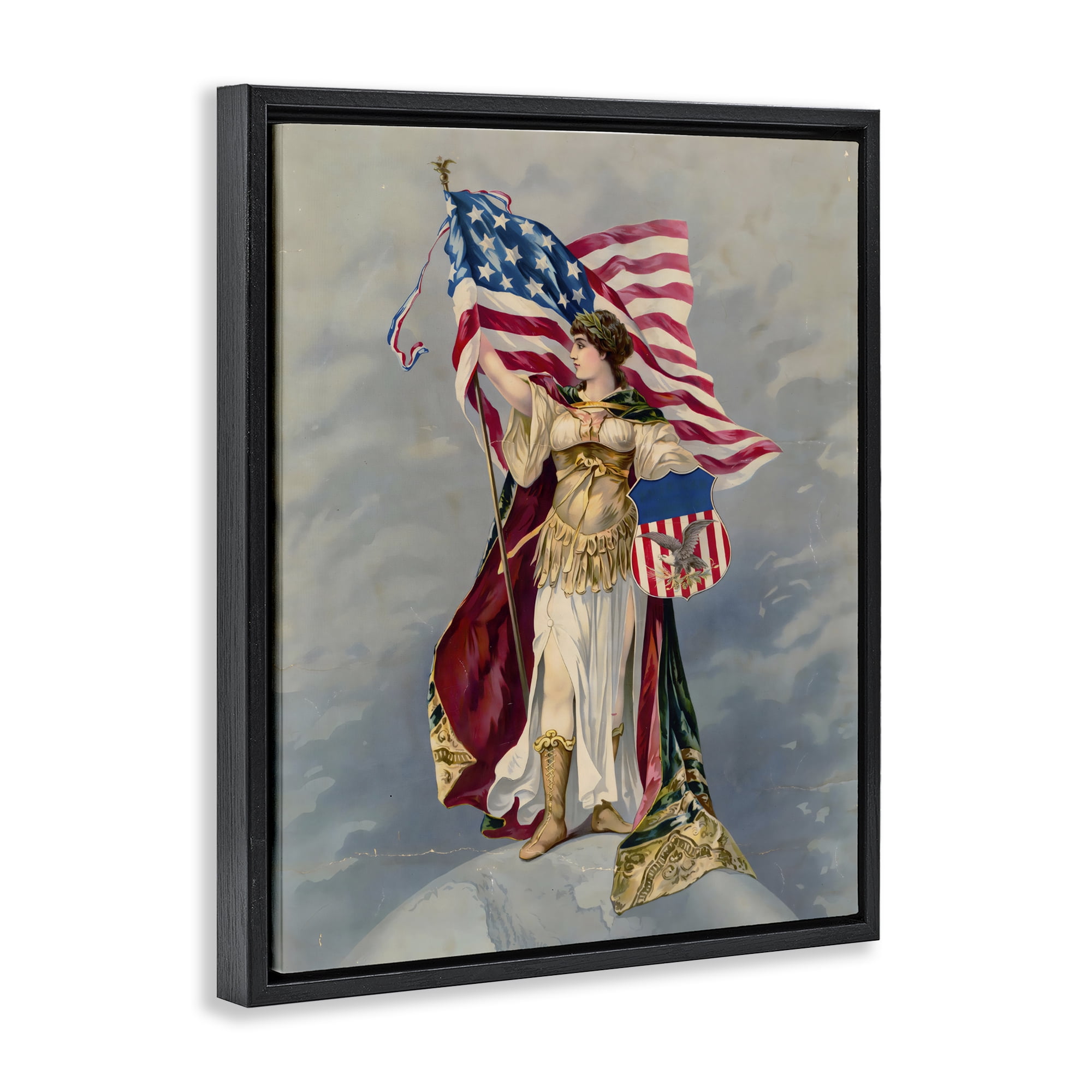 Stupell Industries Columbia Standing with American Flag Black Framed Floater Canvas Wall Art, design by Arlington Prints