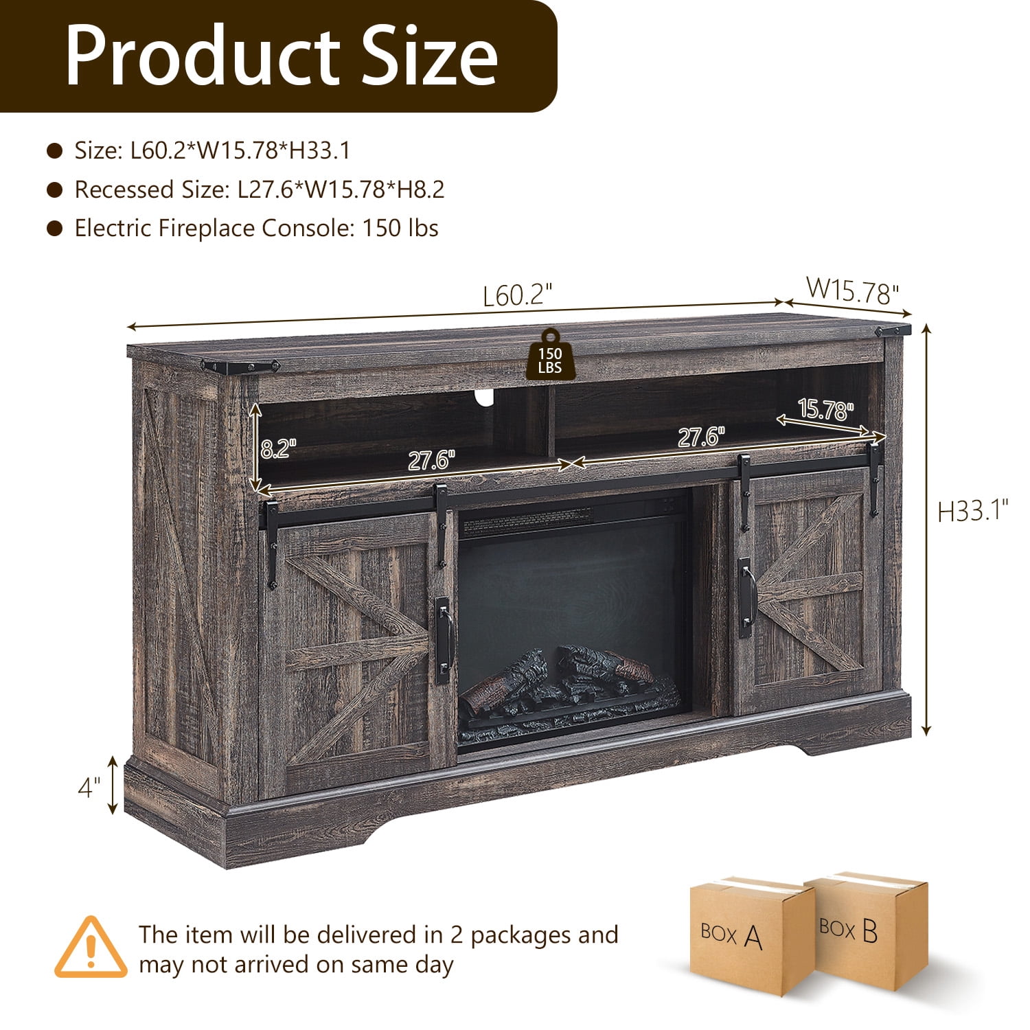 KeyWhat Farmhouse Fireplace TV Stand for TVs up to 70", 24" Electric Fireplace & Barn Door