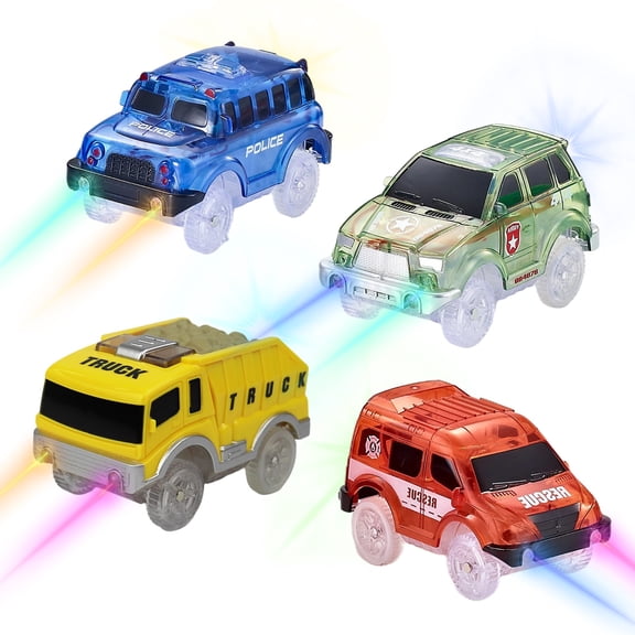Tracks Cars Only Replacement, Flex Track Race cars for Magic Tracks Glow in the Dark, LED Lights Up Battery Operated Snap N Glow Trax cars Accessories, Compatible with Most Car Tracks  (4PACKS)