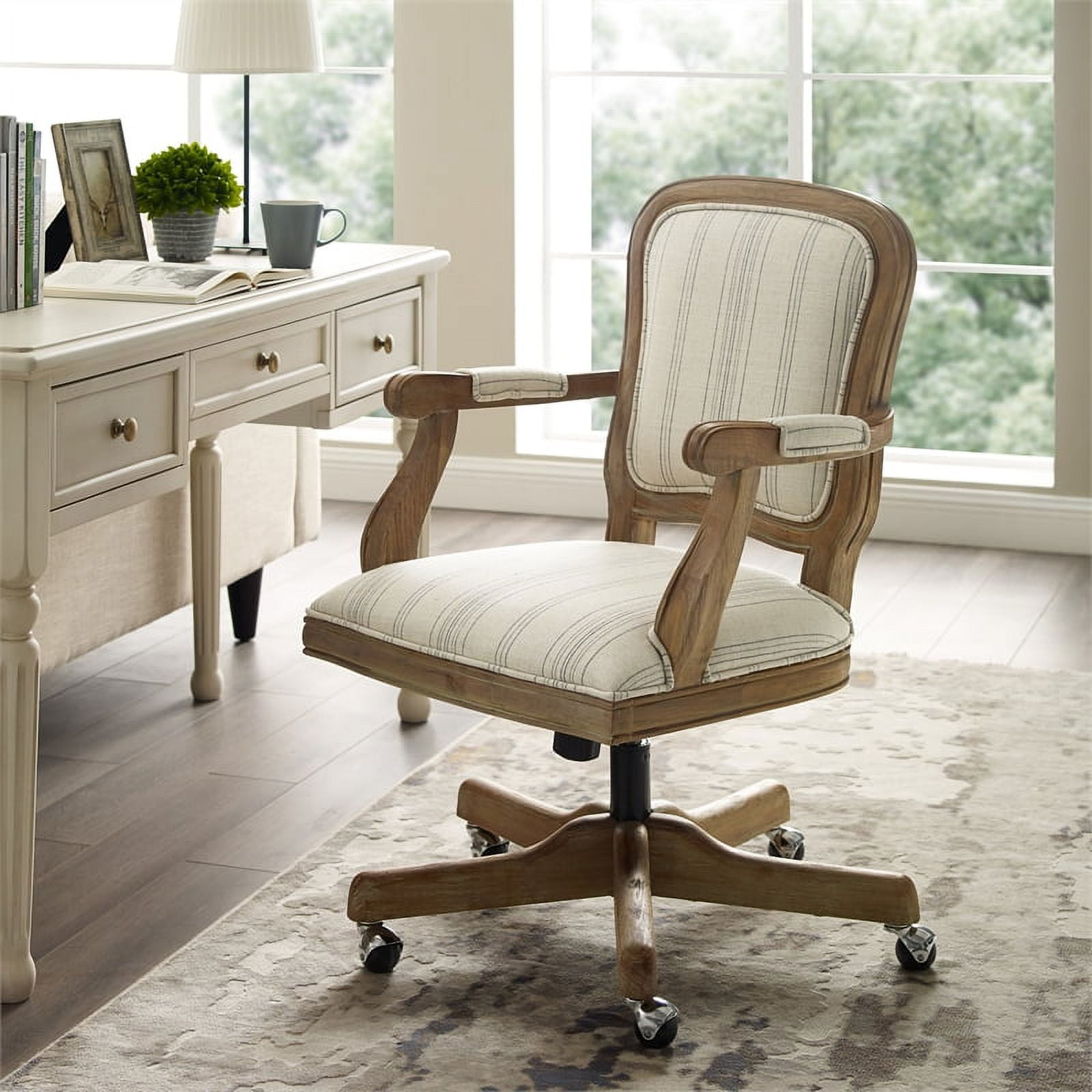 Linon Maybell Wood Base Upholstered Office Chair with Wheels in Beige Stripe Walmart