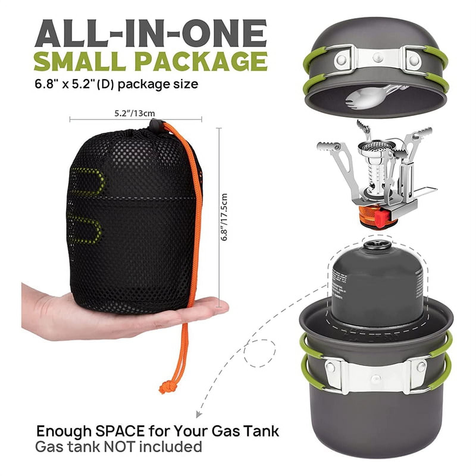 Camping Pot and Pan Set with Mini Backpacking Stove Cooking Gear for Outdoor Hiking Campfire Green