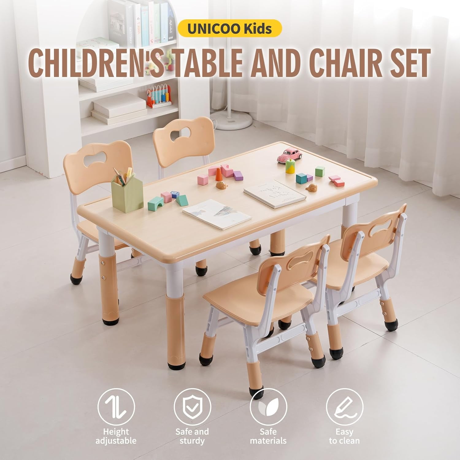 HOMEZY-US Kids Table and Chairs Set, Height Adjustable Multi-Activity Preschool Table with Graffiti Desktop for Ages 2-8 Versatile Kids Tables for Play, Learning, and Creativity