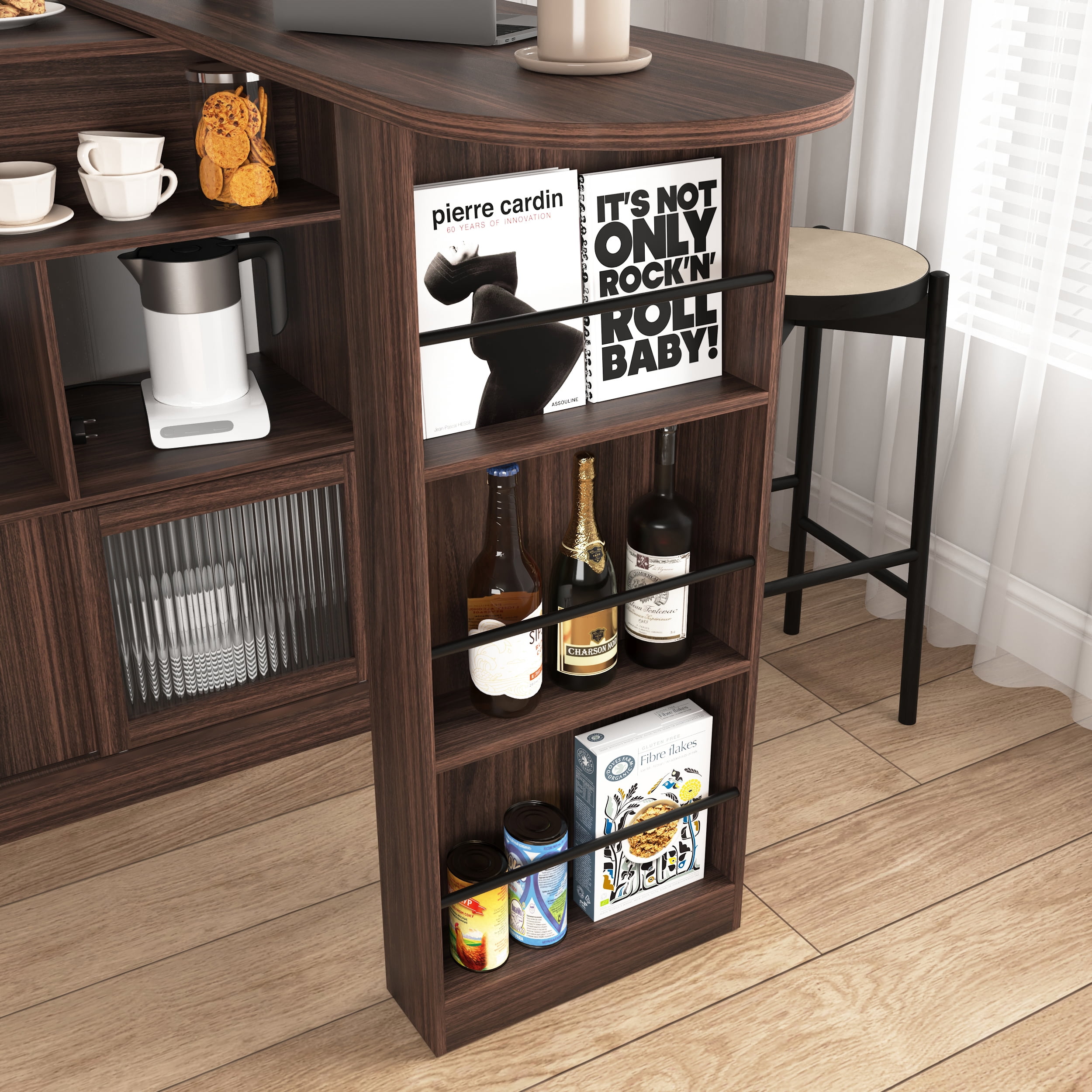 MAYEERTY Modern Bar Cabinet with Rotating Top & Ribbed Glass Doors