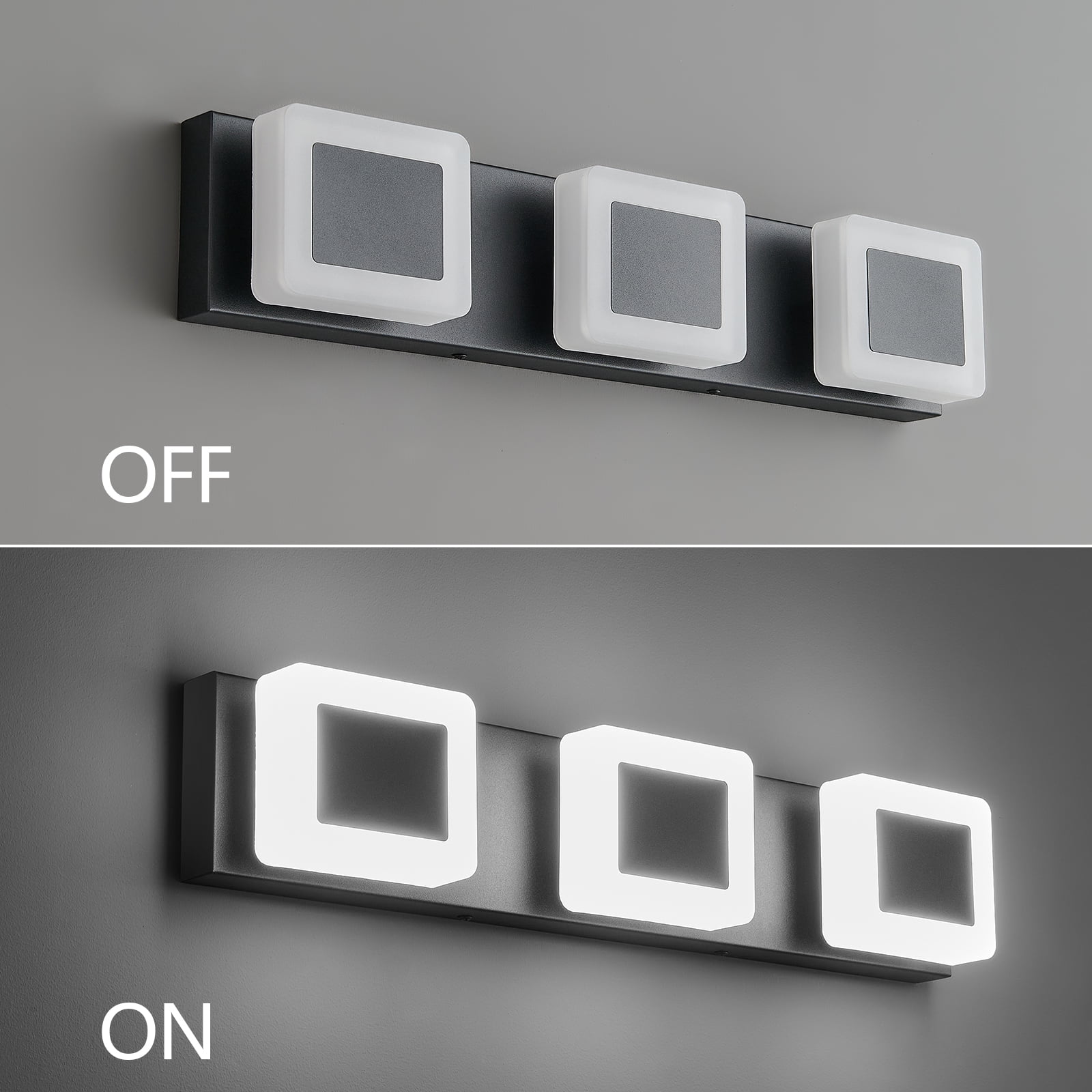 LMQNINE 3-Light Dimmable LED Bathroom Vanity Light Over Mirror,Fog and Corrosion Resistant,Modern Black Acrylic Wall Fixture