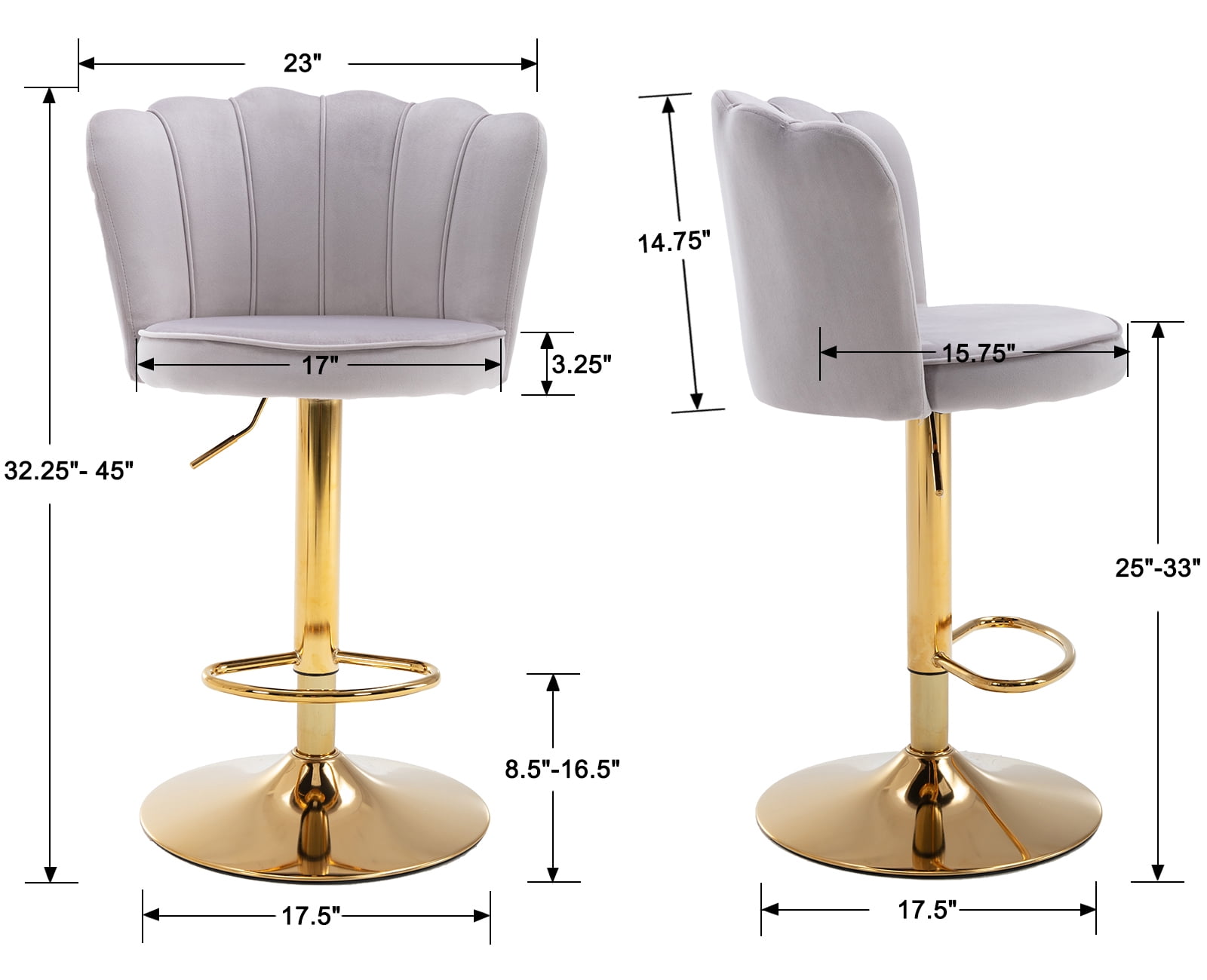 Guyou Swivel Adjustable Bar Stools Set of 2, Velvet Counter Height Barstools with Petal Back and Gold Footrest, Modern Counter Bar Height Stool Chairs for Kitchen Island Bar Cafe, Grey