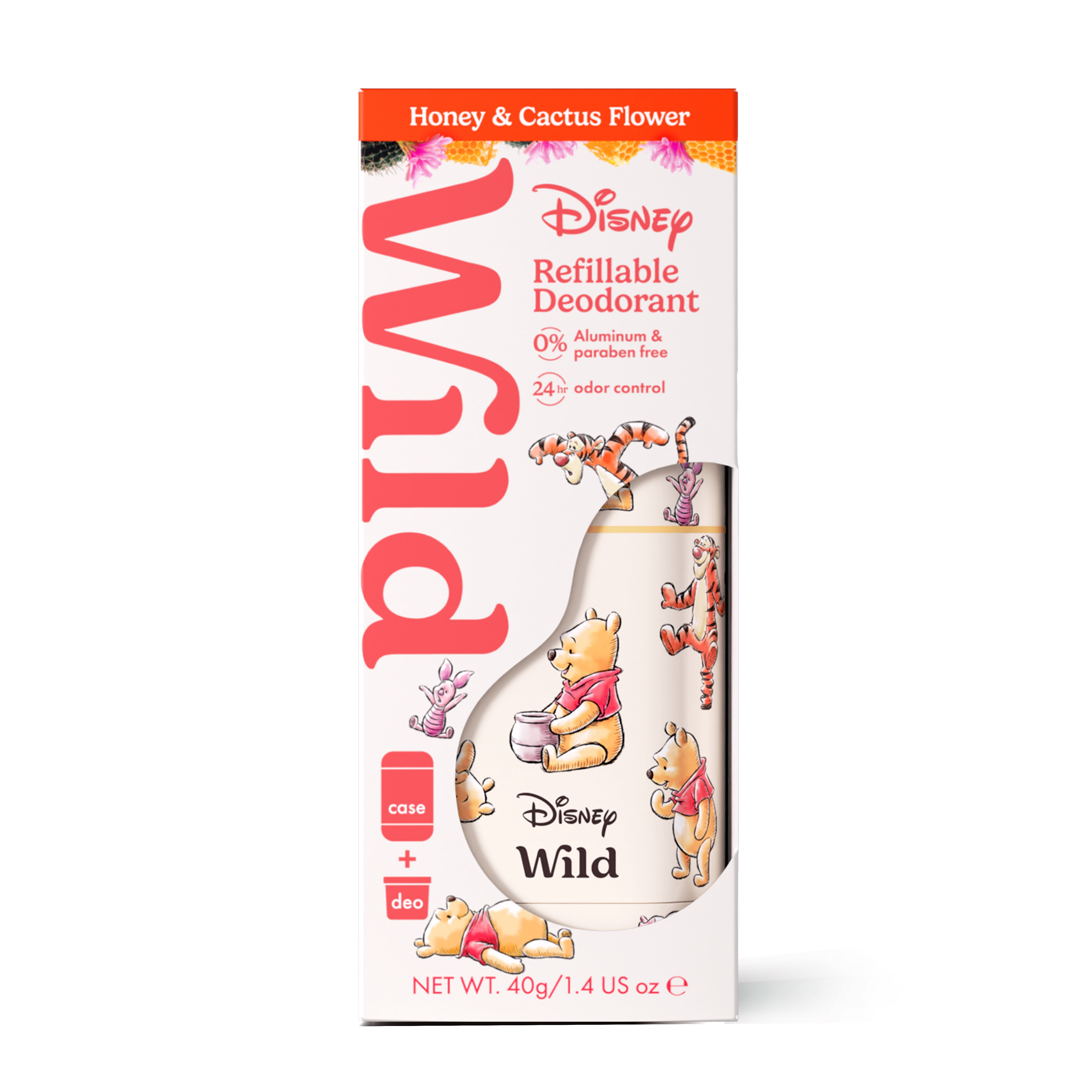 Wild Refillable Deodorant Starter Pack - Aluminum Free. Winnie The Pooh Case + Honey & Cactus Refill, for Women and Men, 1.4oz