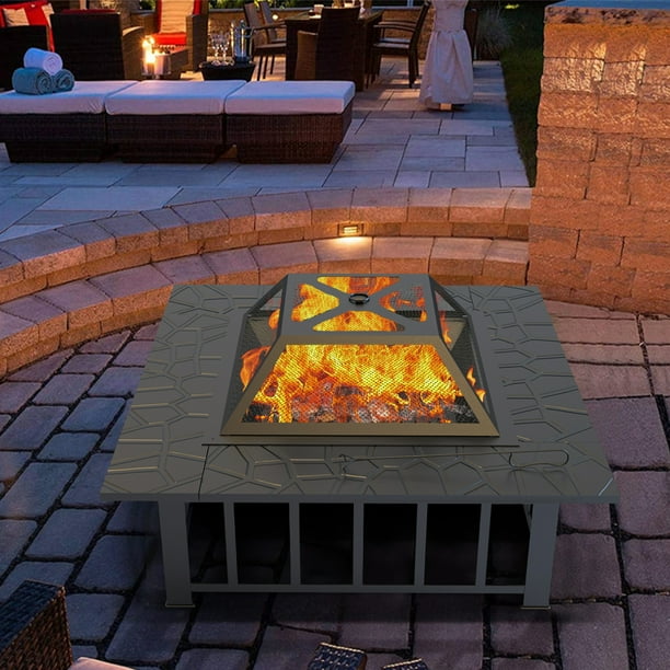 32" Outdoor Fire Pit, Square Metal Fire Pit with Mesh Screen Lid, Poker
