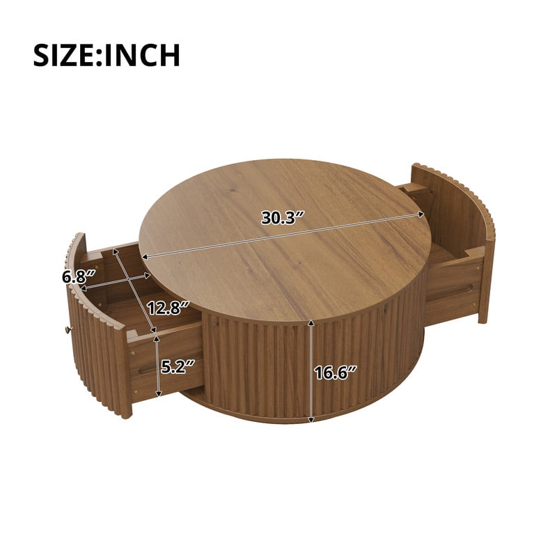 30.3'' Round Fluted Design Coffee Table with Dual Hidden Storage Drawers, Drum Base Center Cocktail Table