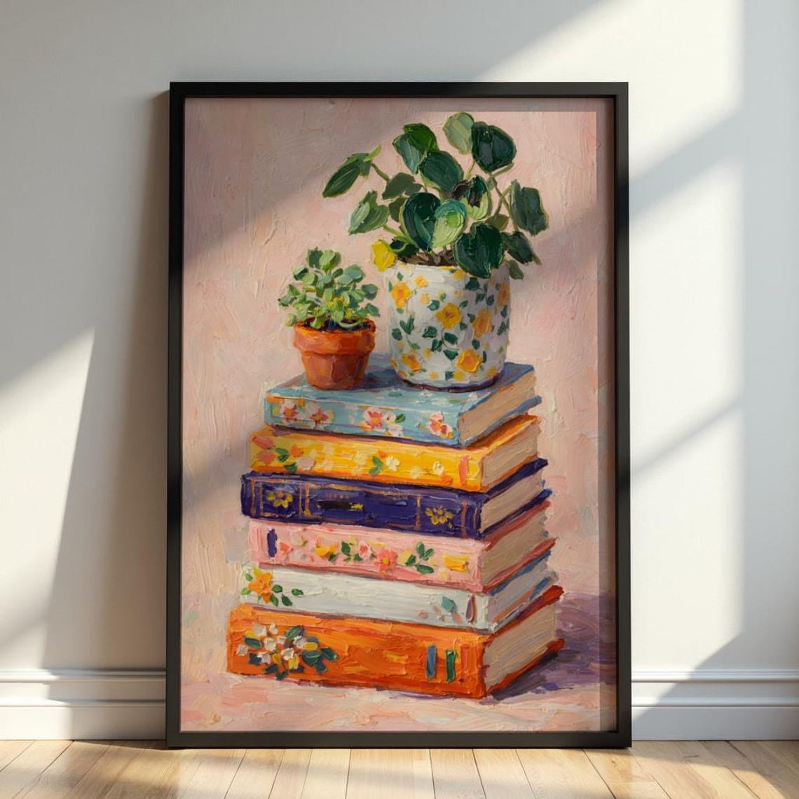Cozy Books And Plants Wall Art Colorful Book Stack Whimsical Reading Nook Decor Unframed Paper Print