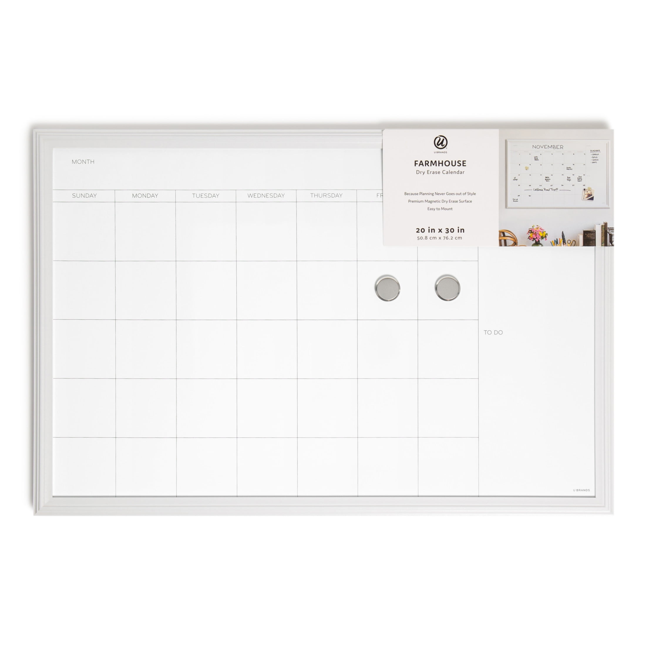 U Brands 30 x 20 Magnetic Dry Erase Calendar Whiteboard, White Wood Frame