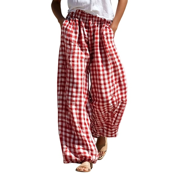 LUVDA Gingham Wide-Leg Pants for Women Elastic High Waist with Pockets Lightweight Flowy Trousers for Casual & Boho Style
