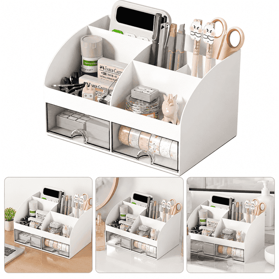 White Plastic Desktop Storage Organizer, 6 Compartments & 2 Drawers Multi-Purpose Pen Holder for Home & Office