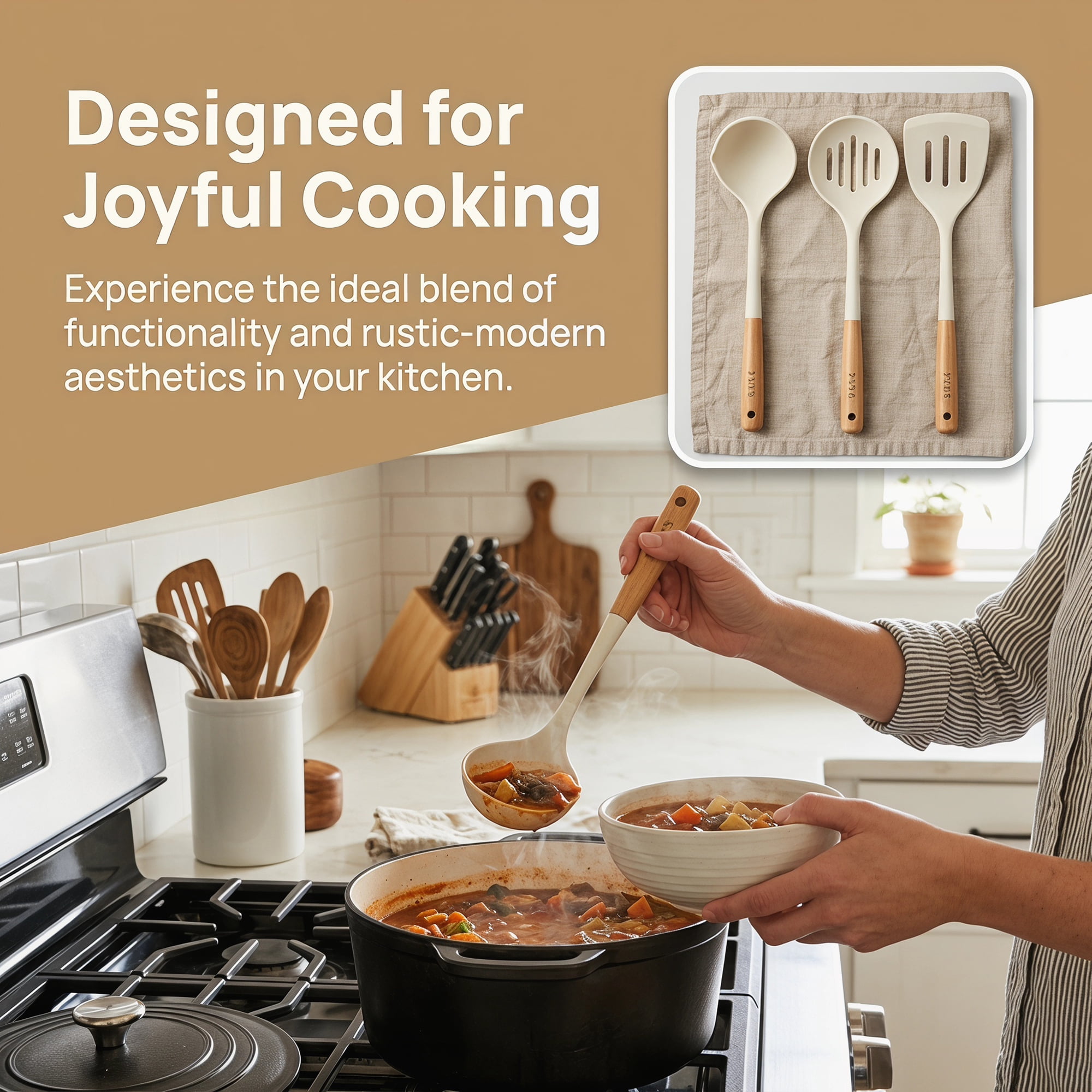 Unique Bargains Color-Blocked Round Holes Silicone Kitchen Utensil Set White E 3pcs