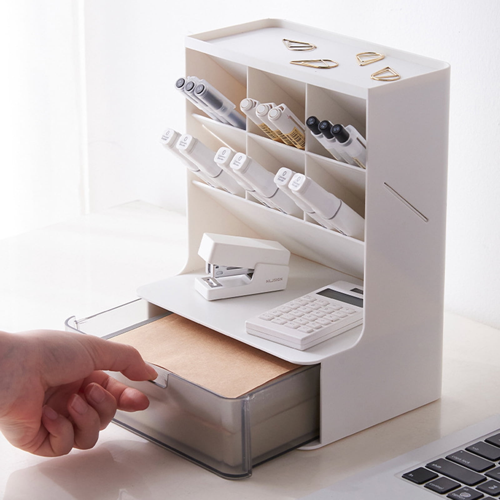 Yokua Multi-functional Pen Organizer with Drawer 6-grid Inclined Pen Slot Stackable