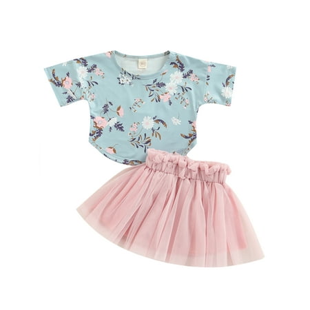 

Calsunbaby Infant Toddlers Girl 2PCS Skirt Set Round Neck Floral Printed Short Sleeve Tops Tulle Dress
