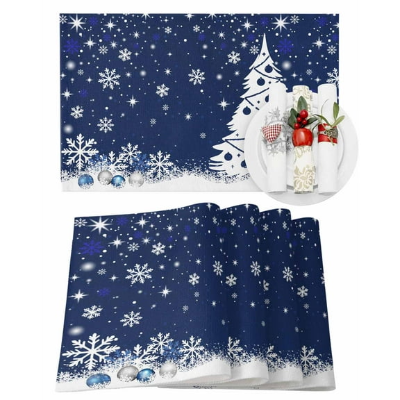 Navy Blue Christmas Placemats Set of 8 White Christmas Tree Xmas Ball Snowflakes Heat Insulation Washable Place Mats, Rustic Non-Slip Table Mats for Dining Table Party Kitchen Decor,13x19 Inch