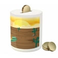 thumbnail image 3 of Cactus Piggy Bank, Cartoon Style Desert Setting Sun Chameleon on a Cactus Arid Country Barren Heath, Ceramic Coin Bank Money Box for Cash Saving, 3.6" X 3.2", Multicolor, by Ambesonne, 3 of 4