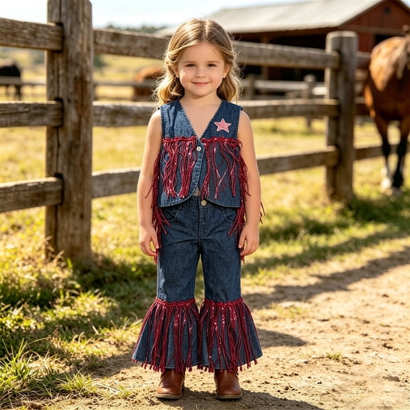 MEZZALL Child Summer Western Outfit Sets For Girls Fringed Vest Cardigan Flared Bottom Pants Two Piece Clothes Sets Sleeveless Soft Clothing Sets