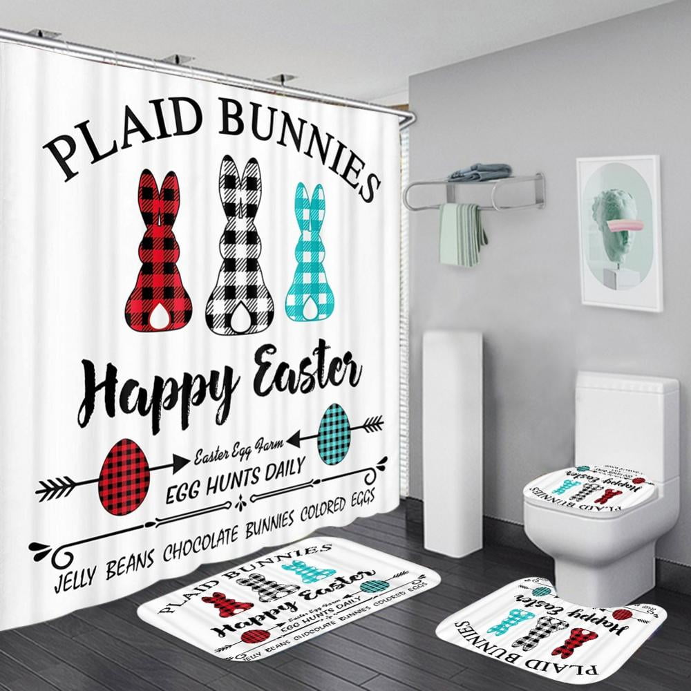 Happy Easter Cute Bunny Egg Carrot Bathroom Waterproof Fabric Shower Curtain Set 