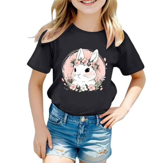 PMVFHDE Hauts Courts pour Fille Mignons Hauts d'Été pour Filles T-Shirts pour Filles Robe T-Shirt Graphique T-Shirts pour Fille T-Shirt Décontracté à Manches Courtes et Col Rond Imprimé de Pâques Mignon pour Fille Noir, 3-4 Ans