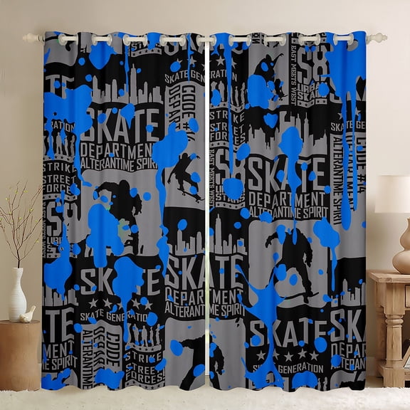 Manfei Skate Gamer Blackout Curtains Set of 2 (52x84 Each),Blue Splashing Ink Window Curtains,Vintage Geometric Plaid Curtains and Drapes For Boys Teens,Ultra Soft Home Decor