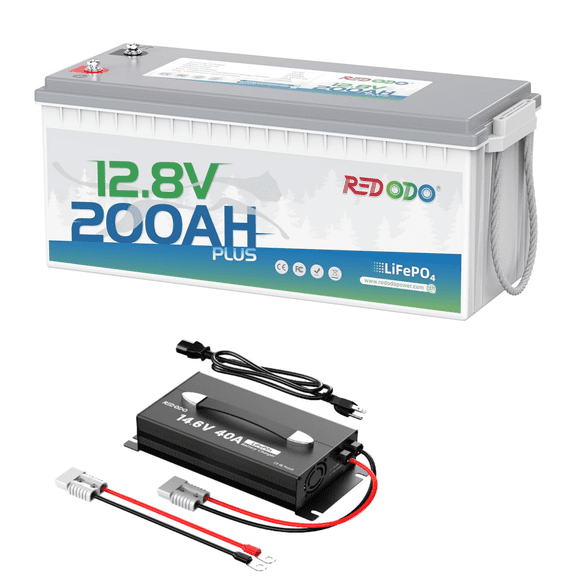 Redodo 12V 200Ah Lithium ion Battery PLUS with 12V 40A charger, Max 2560W Power Output 200A BMS Protection, Up to 15000 Deep Cycles Lifepo4 Battery, for RVs, Solar Systems, Off Grid, Marine