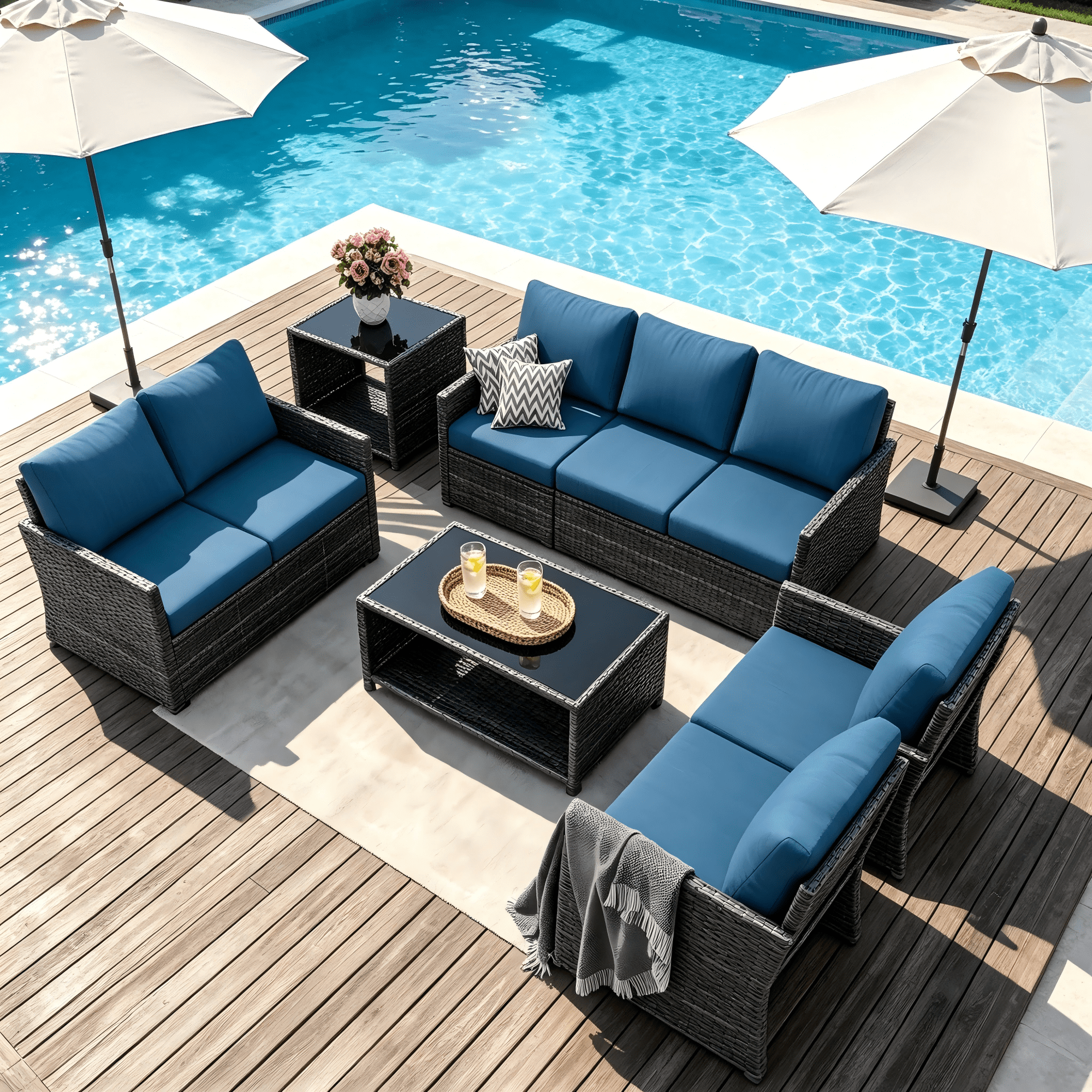 YODOLLA 7-Piece Patio Furniture Set with Storage on Sale, Rattan Wicker Outdoor Furniture with 2 Storage Boxes & Protection Cover Outdoor Sectional Sofa Conversation Set in Gray Wicker& Navy Cushions