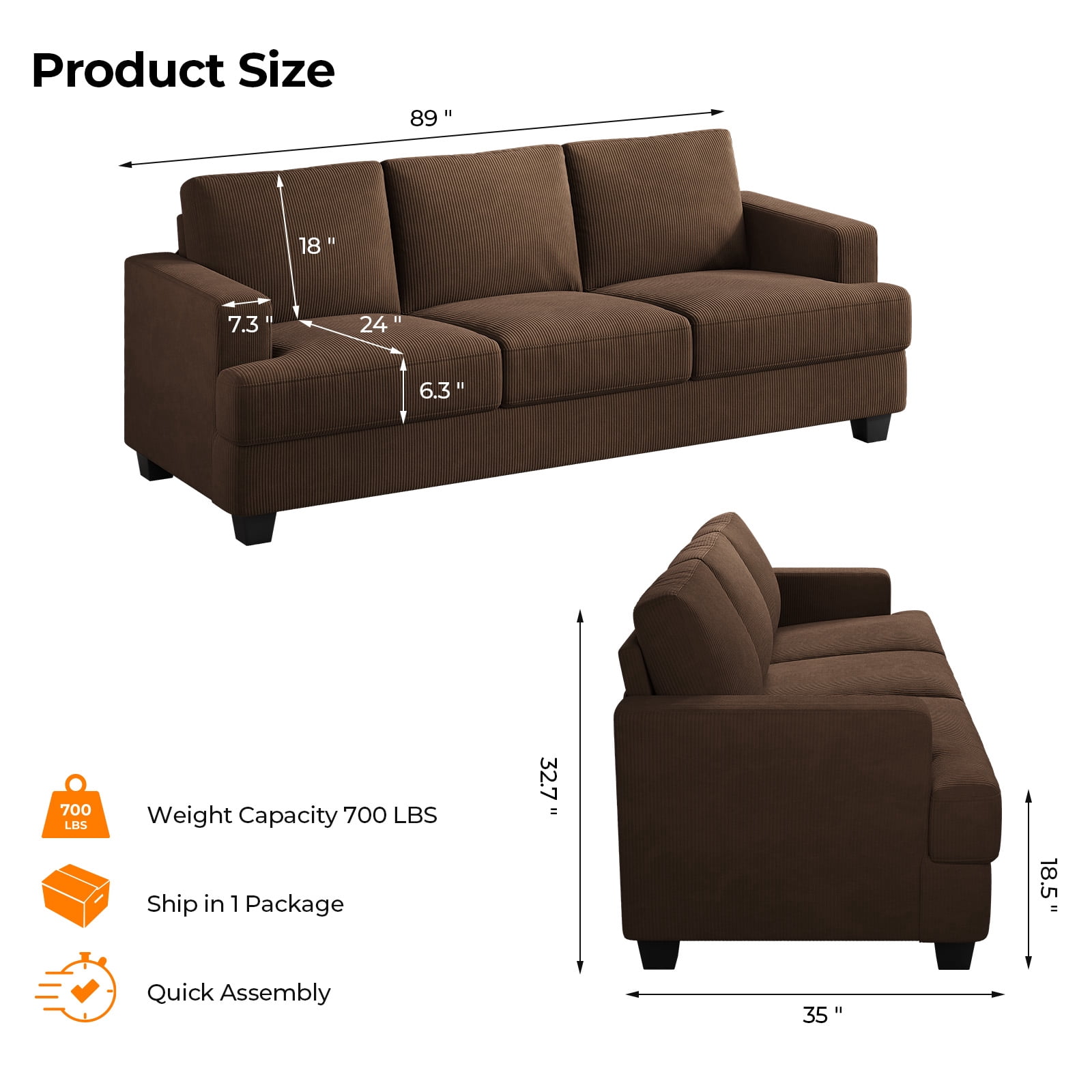 BLAZANT 89" Sofa Couch, 3 Seater Sofa with Suppleness Armrests, Corduroy Fabric Deep Seat Sofa with Upholstered Cushion& Backrests, Modern Comfy Couch for Living Room Apartment Office