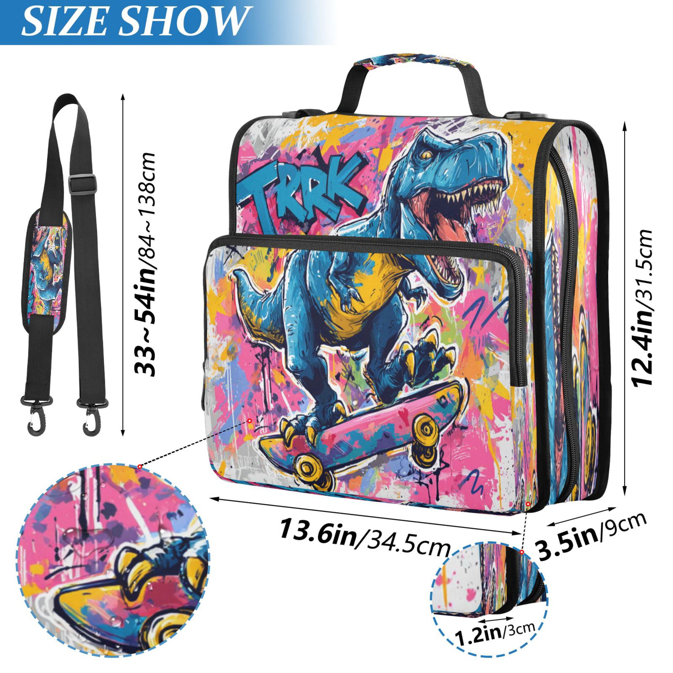 3 Ring Zipper Binder Stationery Organizer for Study Work Home Travel, All-Purpose File Folder Storage Bag for Daily Document Organization Street Art Dinosaur Design