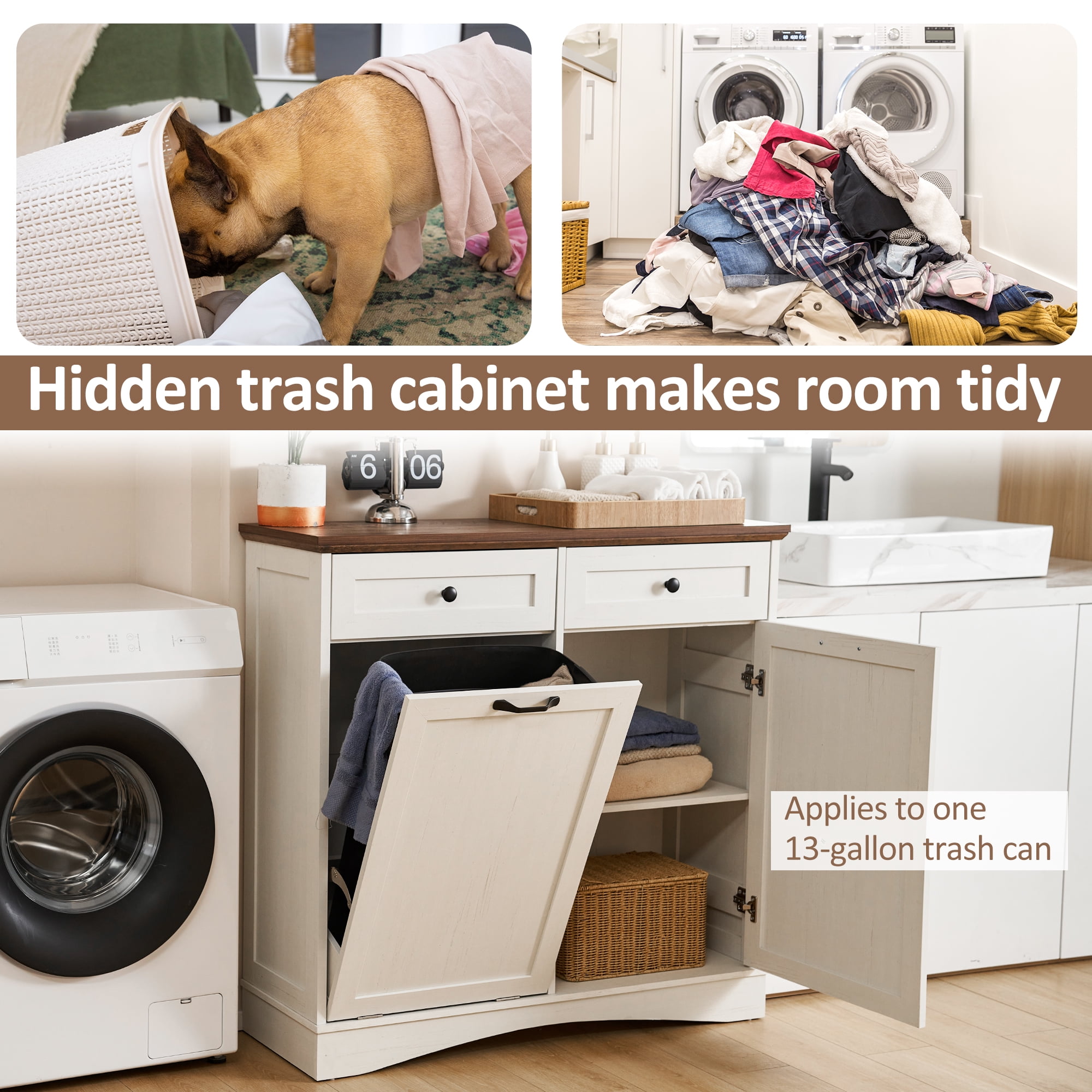 HARIPUL Single Tilt Out Trash Cabinet 13 Gallon Waste Bins Hidden Trash Bin w/ Shelf for Kitchen, White