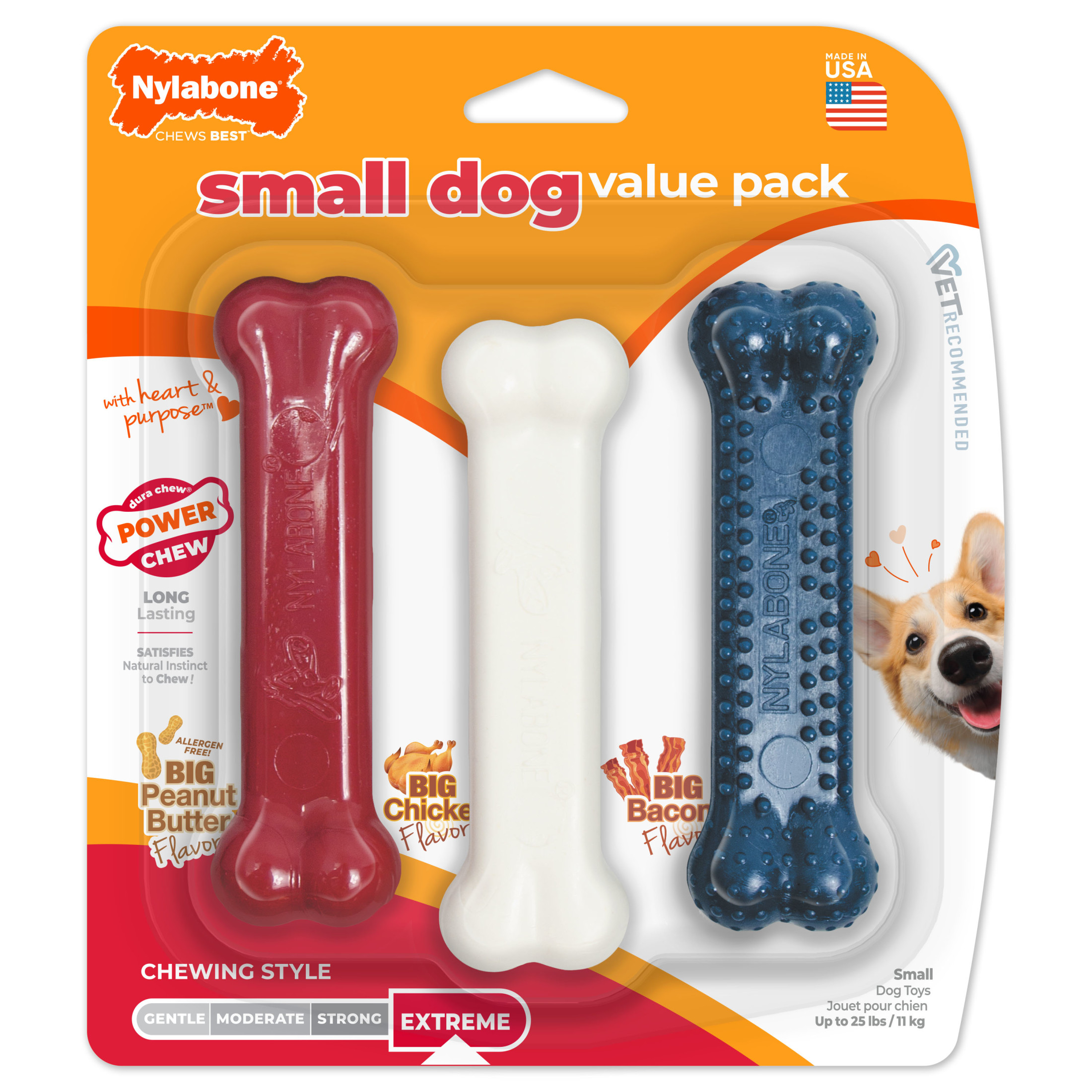 Nylabone Power Chew Small Dog Toy Value Pack, Dog Chew Toys, Bacon & Chicken Flavor, Small, 3 Pack